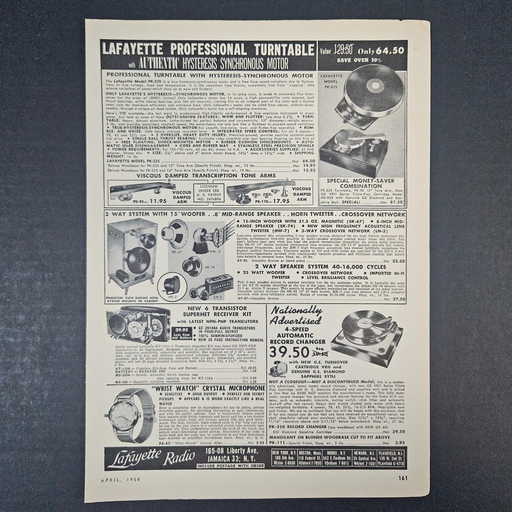 1958 Lafayette Radio Professional Turntable Vintage Print Ad Jamaica NY Speakers